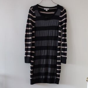 Kenar100% Merino Wool Striped Long-Sleeve Dress in Black and Cream